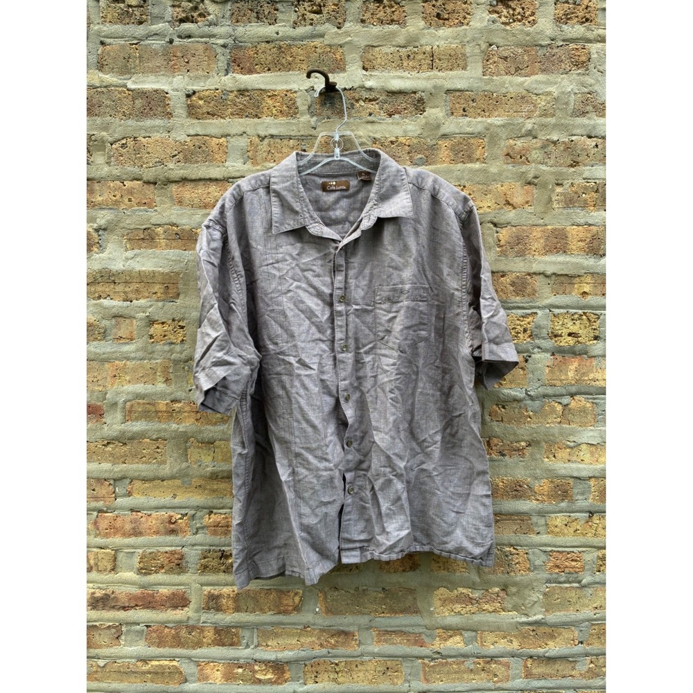 Cafe Luna Mens XL Brown Linen Cotton Blend Short Sleeve Button Down Shirt Pocket